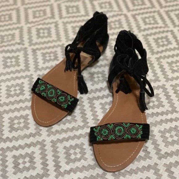 Dolce Vita Black Suede Tassle Beaded Sandals - Picture 1 of 6